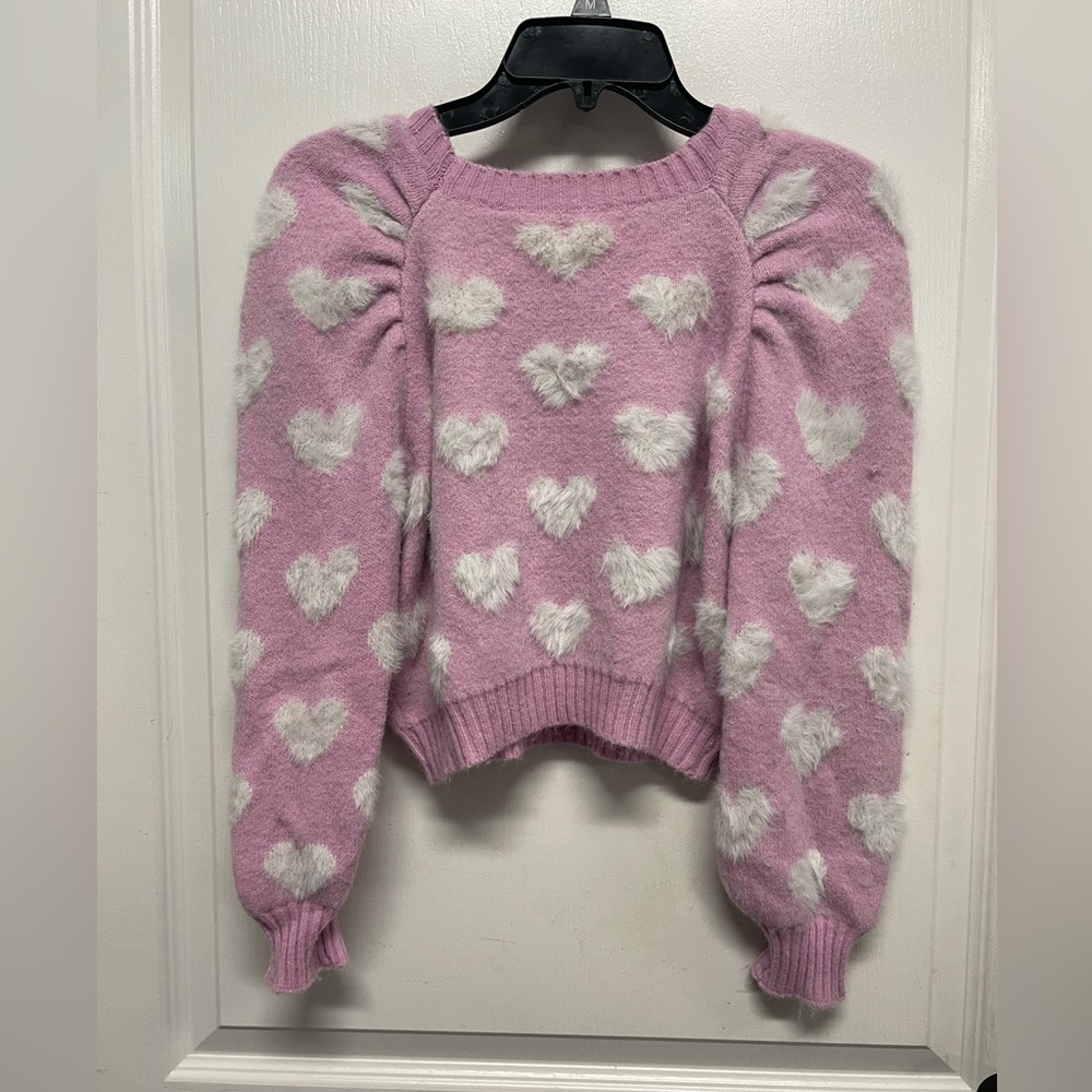 SHEIN Pink and White Heart Sweater